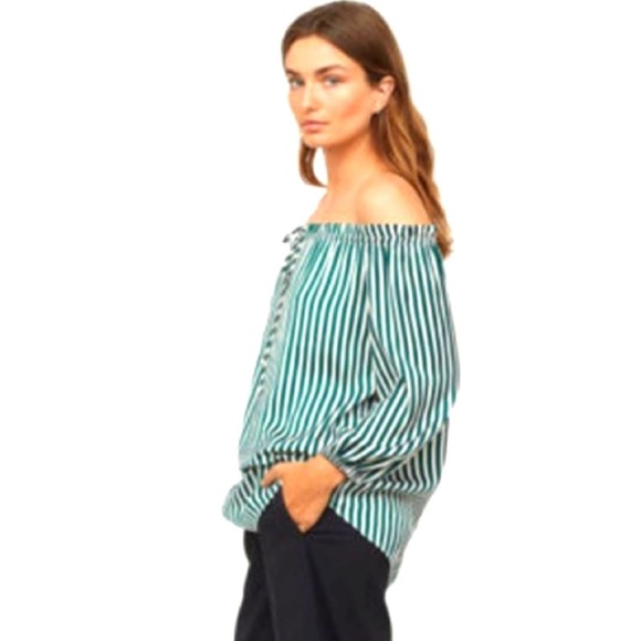 H&M Green Stripe Off-the-Shoulder Top Size 12 - Picture 6 of 12